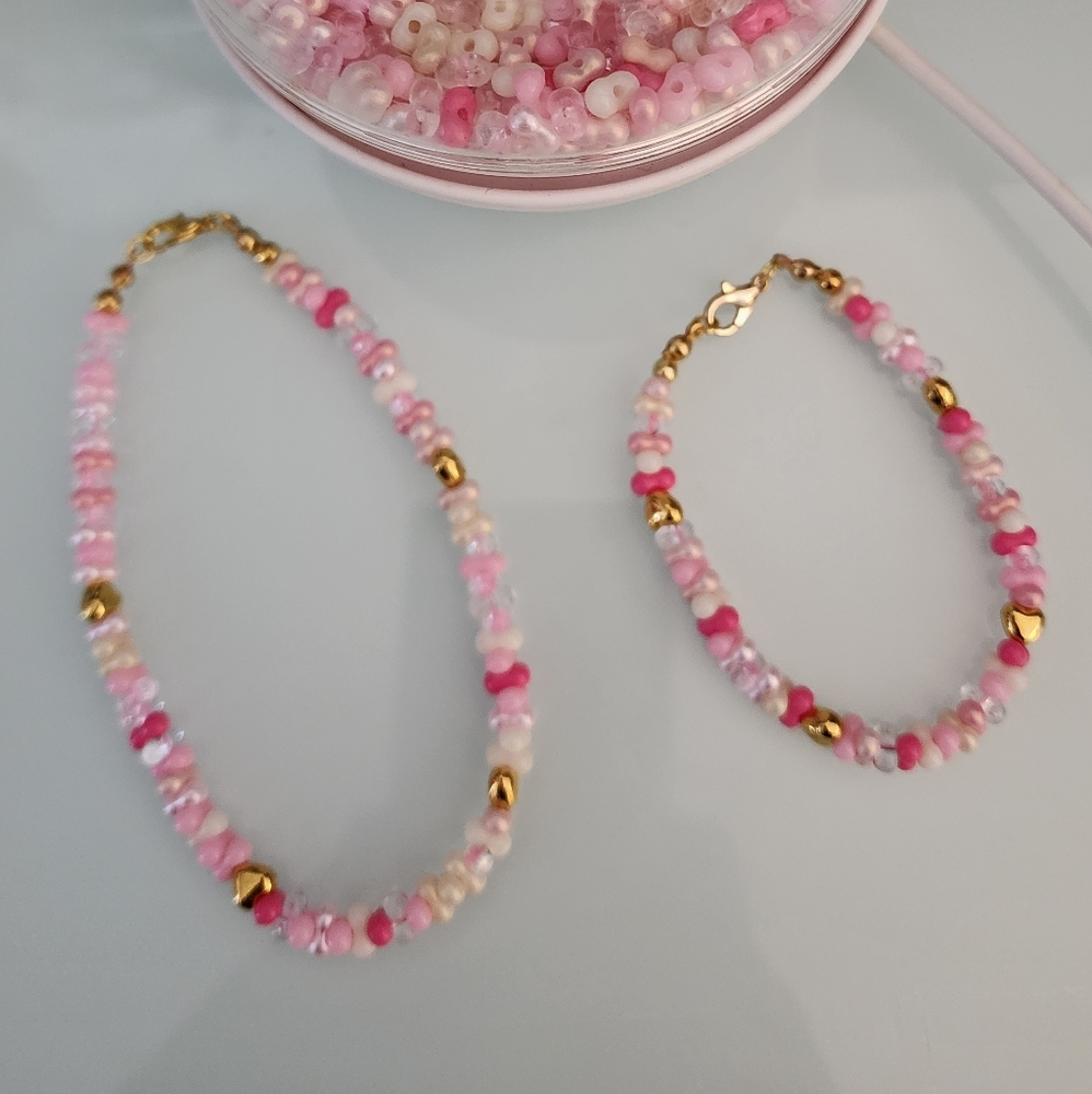 Pink and Gold Beaded Necklace and Bracelet Set